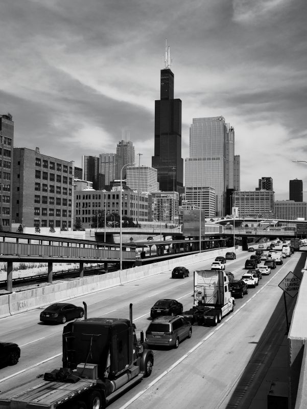Aerial view of Chicago highway interchange at sunset